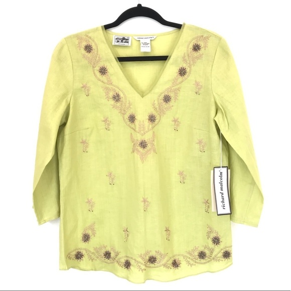 Richard Malcolm S Irish Linen Green Beaded Blouse - Picture 1 of 6